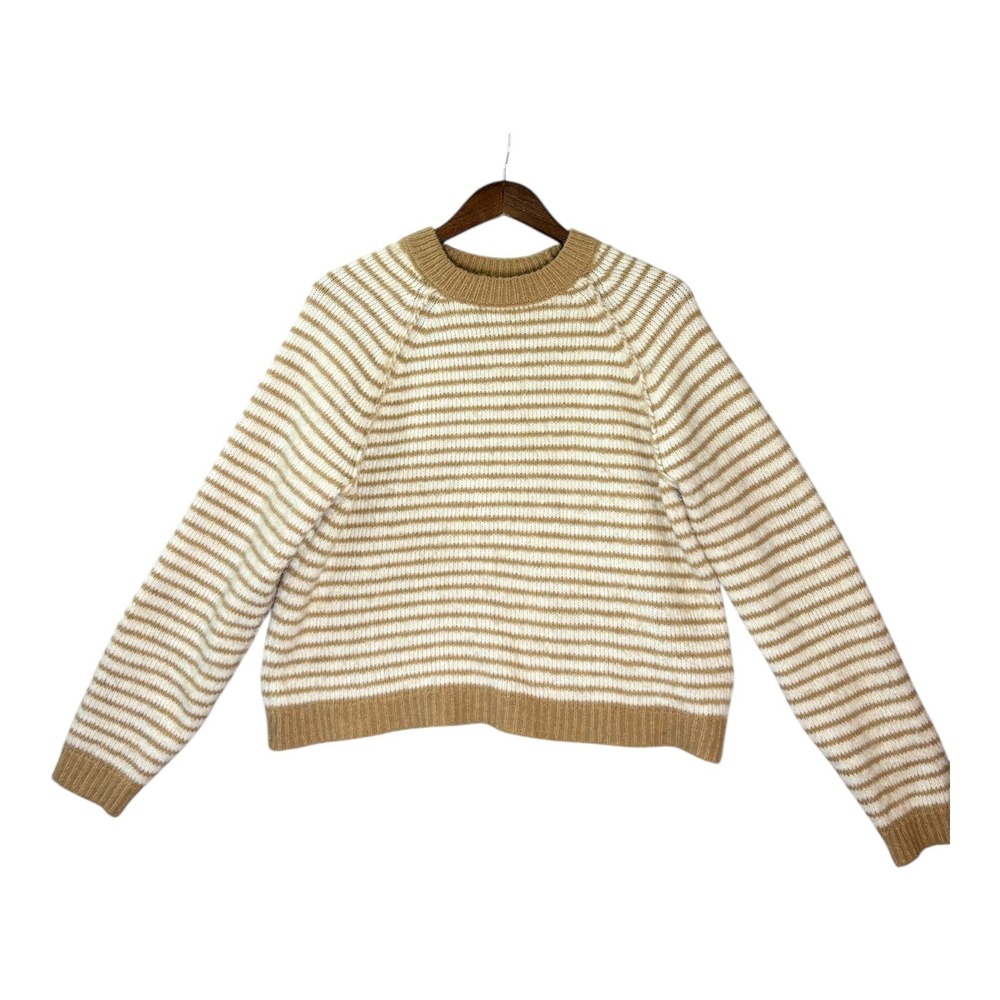 American Eagle Womens Striped Crewneck Sweater S Ivory Mustard Everyday Casual - Picture 1 of 6